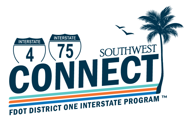 Southwest Connect Program Logo. Includes two interstate shields for I-4 and I-75, two flying birds, a palm tree and three diagonal colored lines around text that reads Southwest Connect FDOT District One Interstate Program